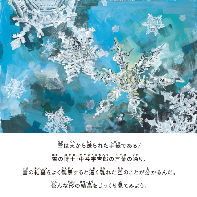 雪は天から送られた手紙である/雪の博士・中谷宇吉郎の言葉の通り、雪の結晶をよく観察すると遠く離れた空のことが分かるんだ。色んな形の結晶をじっくり見てみよう。
