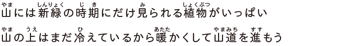 山には新緑の時期にだけ見られる植物がいっぱい山の上はまだ冷えているから暖かくして山道を進もう　