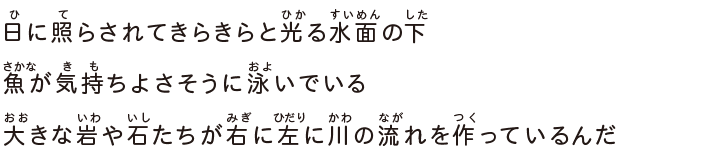 日に照らされてきらきらと光る水面の下魚が気持ちよさそうに泳いでいる大きな岩や石たちが右に左に川の流れを作っているんだ
