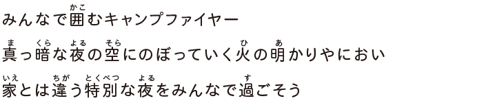 みんなで囲むキャンプファイヤー真っ暗な夜の空にのぼっていく火の明かりやにおい家とは違う特別な夜をみんなで過ごそう