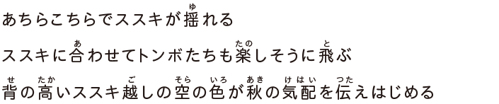 あちらこちらでススキが揺れるススキに合わせてトンボたちも楽しそうに飛ぶ背の高いススキ越しの空の色が秋の気配を伝えはじめる