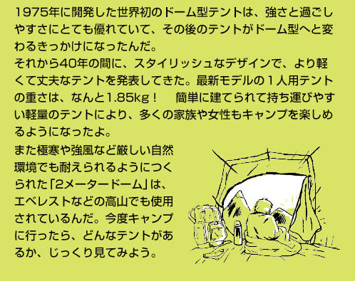 1975年に開発した世界初のドーム型テントは、強さと過ごしやすさにとても優れていて、その後のテントがドーム型へと変わるきっかけになったんだ。それから40年の間に、スタイリッシュなデザインで、より軽くて丈夫なテントを発表してきた。最新モデルの１人用テントの重さは、なんと1.85kg！ 　簡単に建てられて持ち運びやすい軽量のテントにより、多くの家族や女性もキャンプを楽しめるようになったよ。また極寒や強風など厳しい自然環境でも耐えられるようにつくられた「2メータードーム」は、エベレストなどの高山でも使用されているんだ。今度キャンプに行ったら、どんなテントがあるか、じっくり見てみよう。また極寒や強風など厳しい自然環境でも耐えられるようにつくられた「2メータードーム」は、エベレストなどの高山でも使用されているんだ。今度キャンプに行ったら、どんなテントがあるか、じっくり見てみよう。