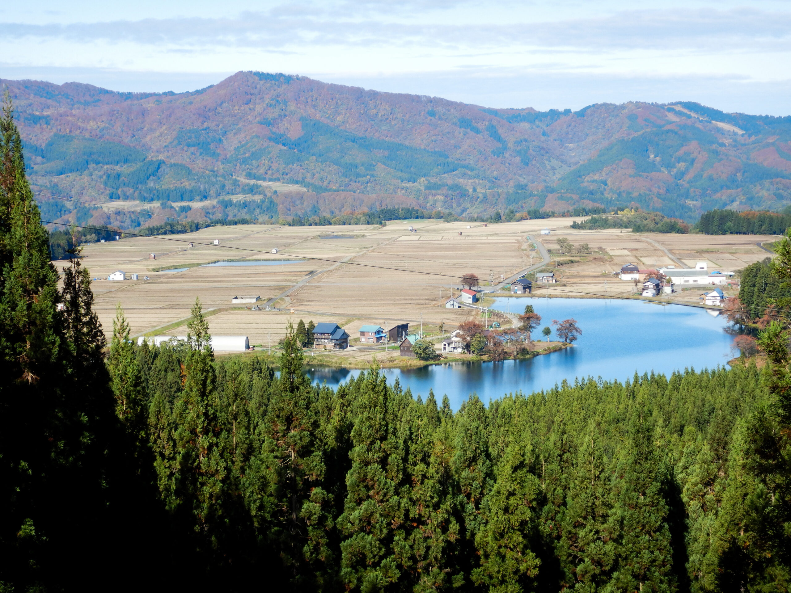 紅葉の山々と中子集落の田園風景